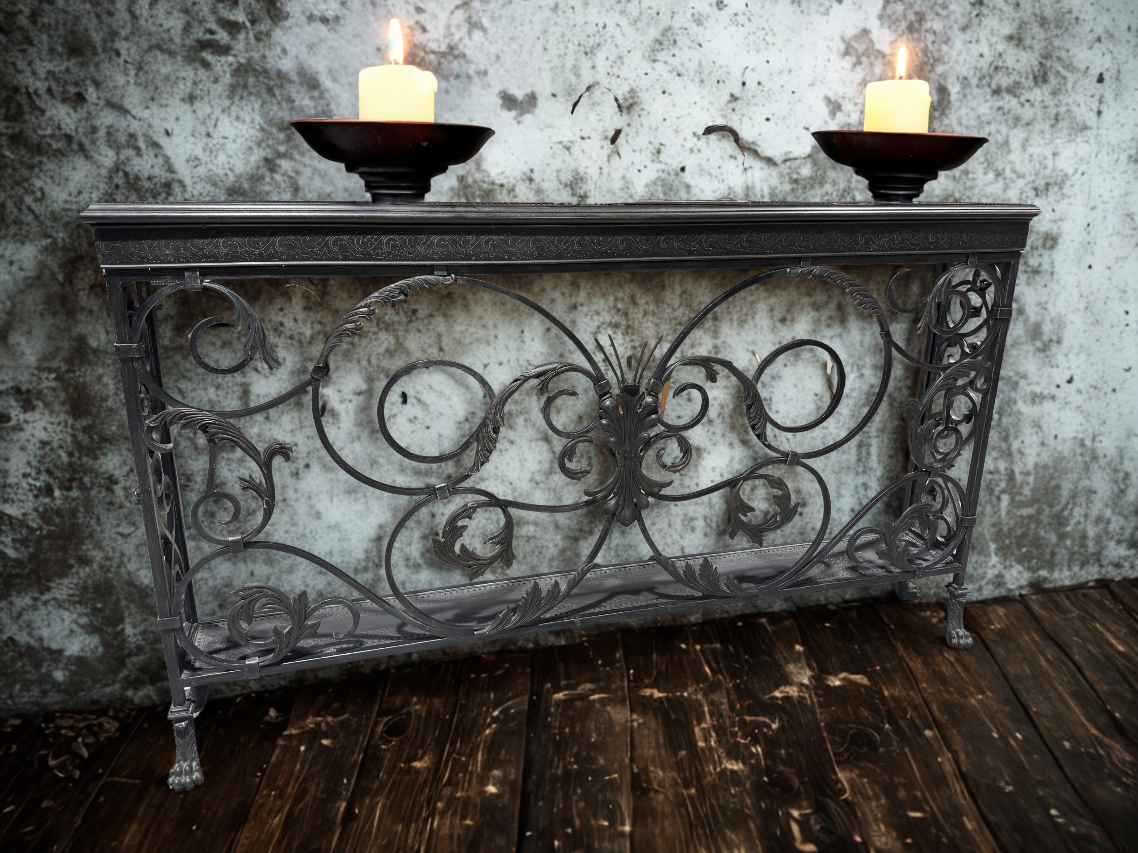 Vintage Art Nouveau Stule Cast Bronze, Brass & Iron Narrow Sofa Table